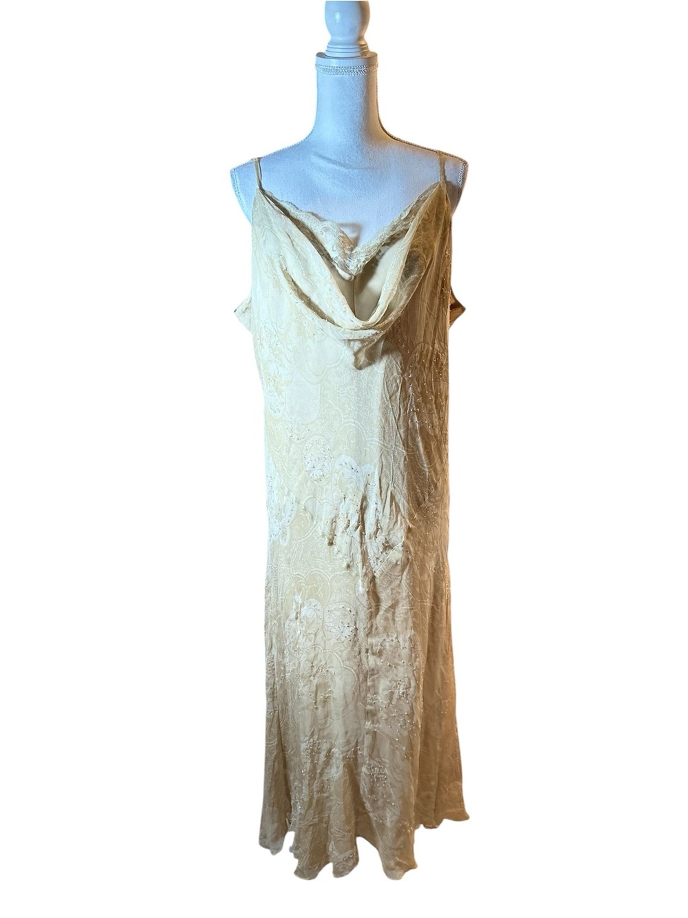 I.C.E. Vintage Silk Cream Lace Slip Dress with Cowl Neck